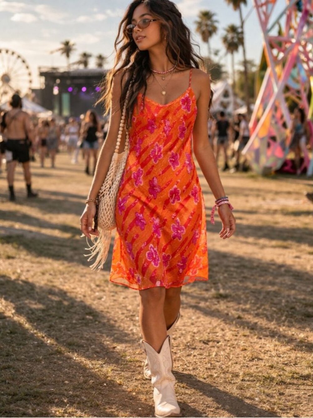 Vintage Y2K Orange Floral Slip Babydoll Dress Midi Sheer Overlay Summer Festival